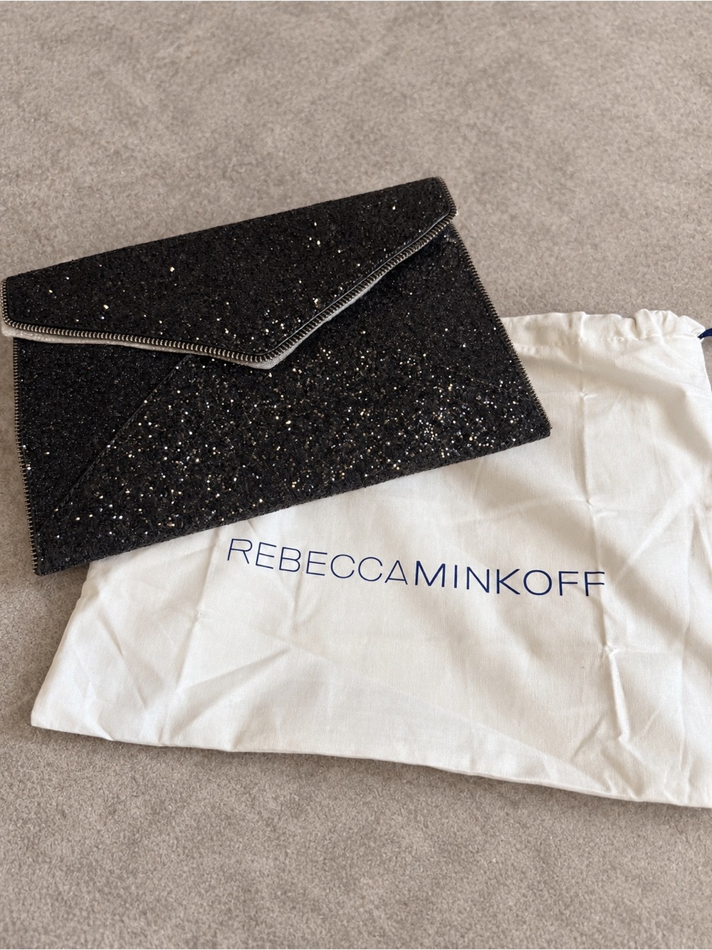 Rebecca Minkoff Leo Glitter Envelope Clutch Black Leather Sparkle Bag w/ Tags